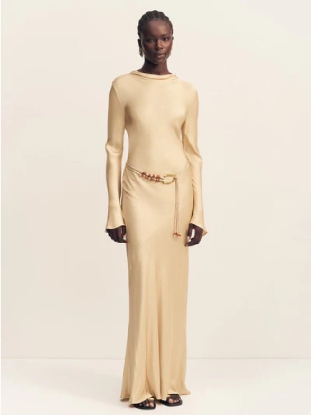 Shona Joy Cream Long-Sleeve Satin Dress with Beaded Waist Tie